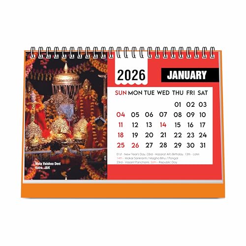 ESCAPER Famous Hindu Temples 2026 Desk Calendar – Table Calendar with Vaishno Devi, Amarnath, Kedarnath, Mahakaleshwar, Kamakhya & Siddhi Vinayaka Photos, Spiritual Calendar for Home & Office - Image 1
