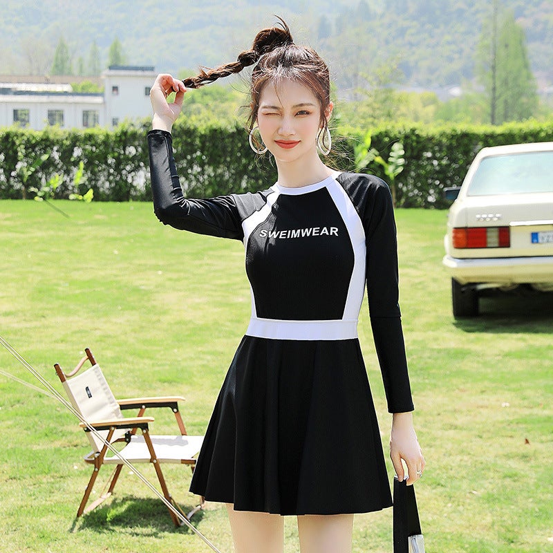 E-Commerce Skirt-Style One-Piece Boxer Shorts Long Short Sleeve Japanese And Korean-Style Small Fresh Swimsuit Women - Image 3