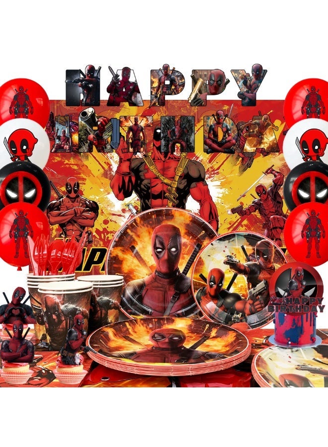 ILovhaprty Deadpool Birthday Party Decorations for 10 Guests, 98pcs Deadpool Party Tableware Set - Deadpool Party Backdrop Balloon Banner Tablecloth Cake Toppers etc Deadpool Party Decoration Supplies - Image 1