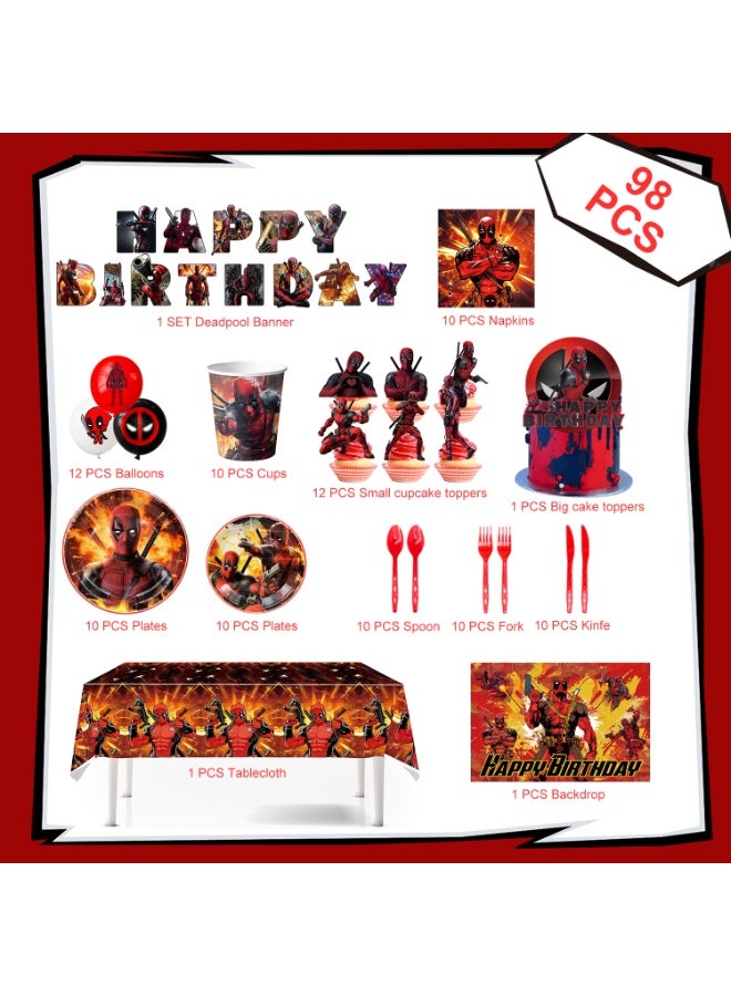 ILovhaprty Deadpool Birthday Party Decorations for 10 Guests, 98pcs Deadpool Party Tableware Set - Deadpool Party Backdrop Balloon Banner Tablecloth Cake Toppers etc Deadpool Party Decoration Supplies - Image 3