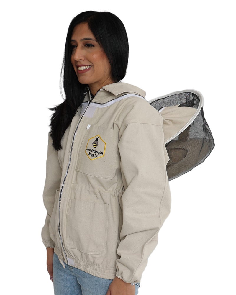 Bee Jacket with Veil - Natural Canvas Bee Suit Jacket with Elastic Waist & Cuffs, YKK Brass Zippers, 3 Utility Pockets. Removable Round Hood Interchangeable with Forest Beekeeping Suit. (X-Large)