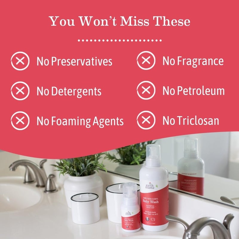 Earth Mama Simply Non-Scents Baby Wash Foaming Hand Soap Refill, Organic All-Purpose Body Wash for Sensitive Skin, Castile Soap with Coconut Oil, Shea Butter, Calendula, & Aloe, 5.3floz 2-Pk - Image 3