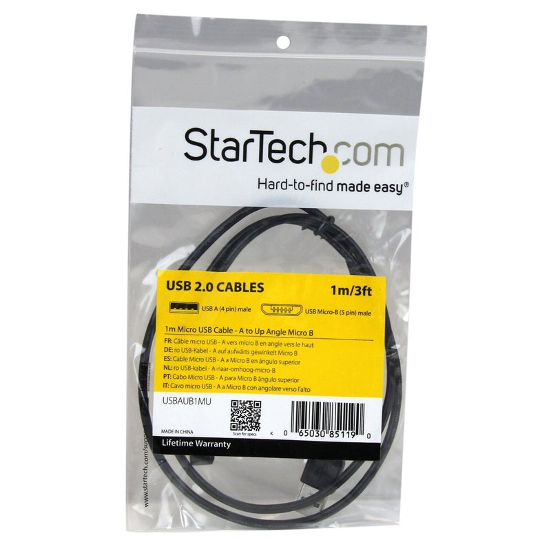 StarTech.com 1m Micro USB Cable Cord - A to Up Angle Micro B - Up Angled Micro USB Cable - 1x USB A (M), 1x USB Micro B (M) - Black (USBAUB1MU) - Image 2