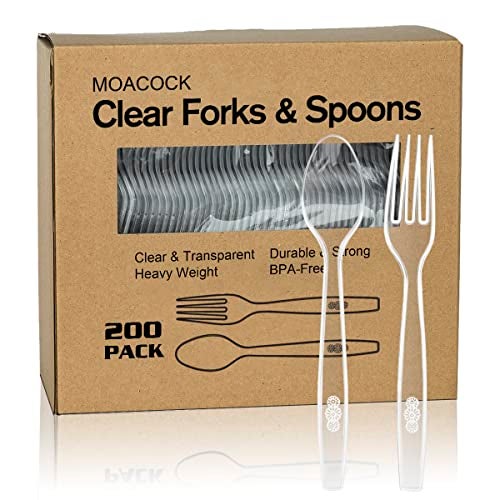 MOACOCK 200 Count Plastic Silverware, Heavy Weight Plastic Forks Spoons Disposable Utensils Cutlery Set for Wedding Party Supplies Everyday Use - Image 1