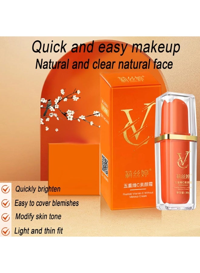Japanese Vitamin C Makeup Tone Up Cream, Five Vitamin C Tone-Up Cream, Moisturizing Brightening Concealer Smooth Tone Up Cream, Lightweight Long Lasting Vitamin C Face Serum Moisturizer Cream (1PCS) - Image 3