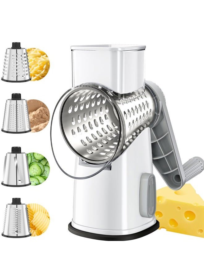 VEKAYA Cheese Grater, Cheese Grater Hand Crank, 4 Interchangeable Blades Cheese Shredder, Vegetable Slicer, Non-slip Suction Base, Easy to Clean Rotary Grater with Handle (White Grey) - Image 1