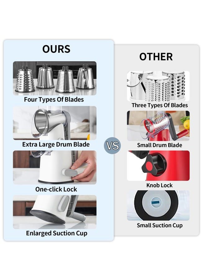 VEKAYA Cheese Grater, Cheese Grater Hand Crank, 4 Interchangeable Blades Cheese Shredder, Vegetable Slicer, Non-slip Suction Base, Easy to Clean Rotary Grater with Handle (White Grey) - Image 2