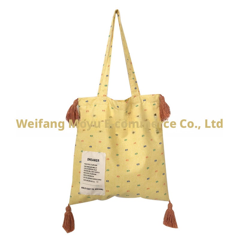 Plaid Cotton Shoulder Bag with Tassel - Image 2