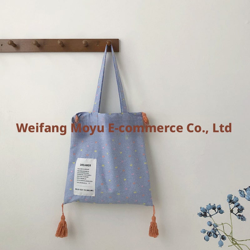 Plaid Cotton Shoulder Bag with Tassel - Image 1