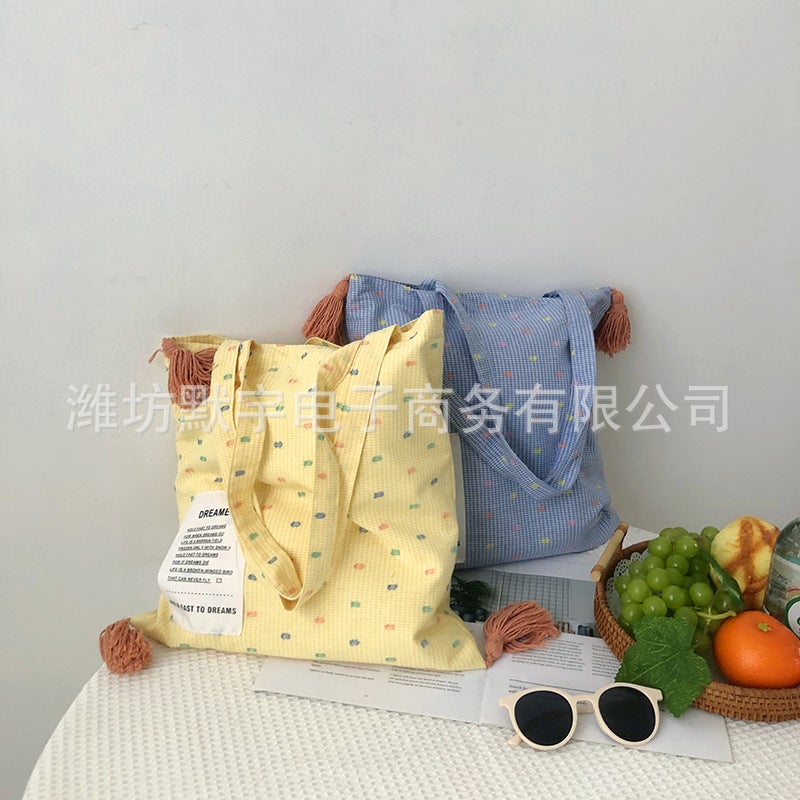 Plaid Cotton Shoulder Bag with Tassel - Image 3