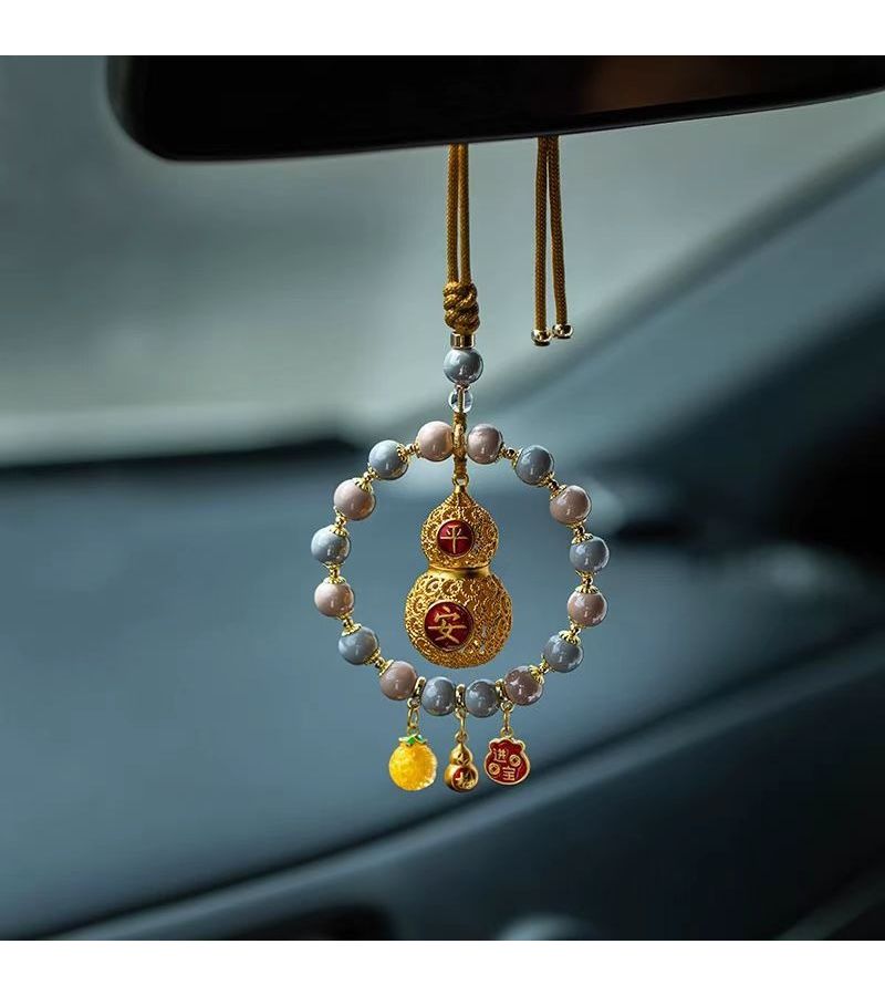 Metal Gourd Pendant Car Hanging Decor Gray Powder Porcelain Chinese Style Safe Drive Rearview Mirror Accessory - Image 4