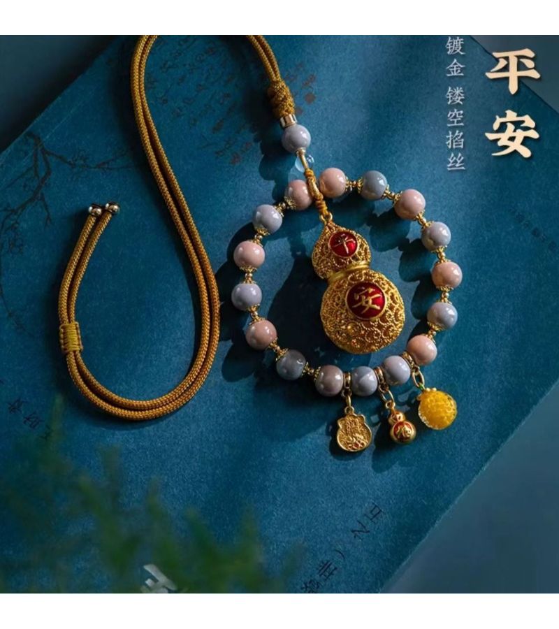 Metal Gourd Pendant Car Hanging Decor Gray Powder Porcelain Chinese Style Safe Drive Rearview Mirror Accessory - Image 2