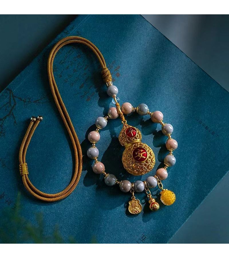 Metal Gourd Pendant Car Hanging Decor Gray Powder Porcelain Chinese Style Safe Drive Rearview Mirror Accessory - Image 1