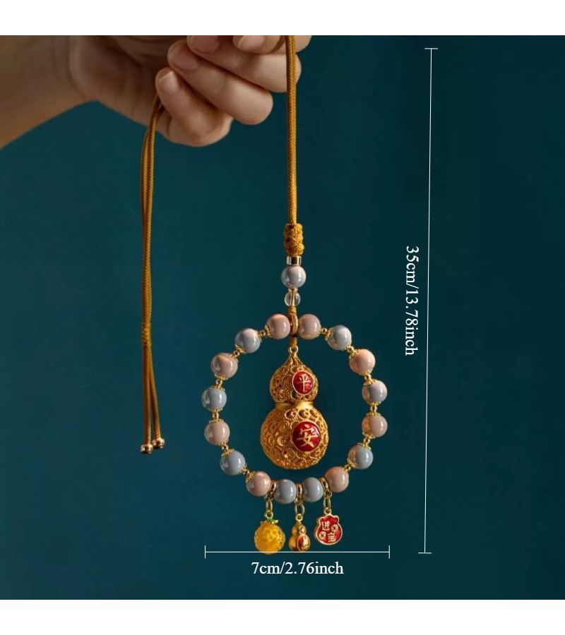 Metal Gourd Pendant Car Hanging Decor Gray Powder Porcelain Chinese Style Safe Drive Rearview Mirror Accessory - Image 3