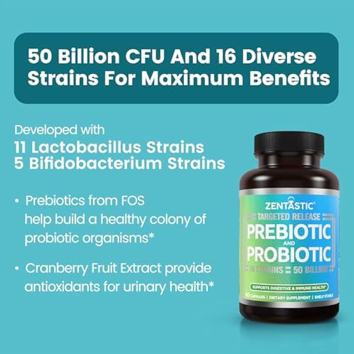 Zentastic Probiotics & Prebiotics Supplement - 50 Billion CFU - for Men & Women’s Immune & Digestive Health - 16 Strains - Shelf Stable - 60 Delayed Release Veggie Capsules - Image 3