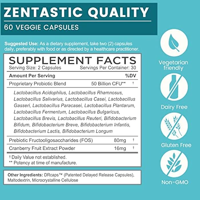 Zentastic Probiotics & Prebiotics Supplement - 50 Billion CFU - for Men & Women’s Immune & Digestive Health - 16 Strains - Shelf Stable - 60 Delayed Release Veggie Capsules - Image 2