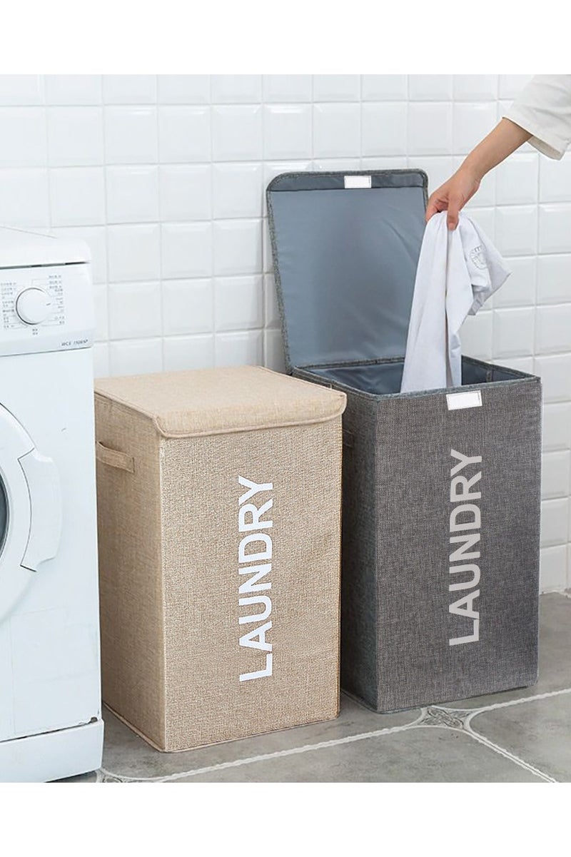 Laundry Basket with Lid, 58L Foldable Laundry Hamper With Handles, Floor-Standing Dirty Clothes Hamper for Bathroom Bedroom Living Room (Beige) - Image 3