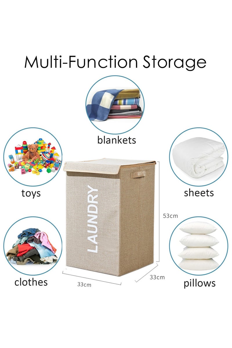 Laundry Basket with Lid, 58L Foldable Laundry Hamper With Handles, Floor-Standing Dirty Clothes Hamper for Bathroom Bedroom Living Room (Beige) - Image 4