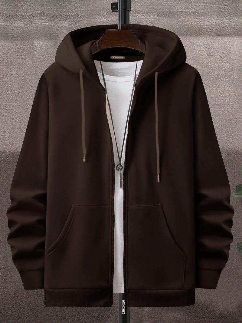 Jump Cuts Mens Solid Hooded Neck Full Sleeve Coffee Brown Full Zipper Kangaroo Pockets LoopKnit Sweatshirt - Image 3