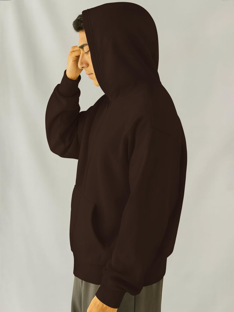 Jump Cuts Mens Solid Hooded Neck Full Sleeve Coffee Brown Full Zipper Kangaroo Pockets LoopKnit Sweatshirt - Image 2