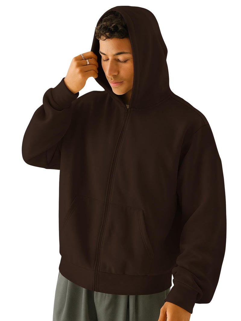 Jump Cuts Mens Solid Hooded Neck Full Sleeve Coffee Brown Full Zipper Kangaroo Pockets LoopKnit Sweatshirt - Image 1