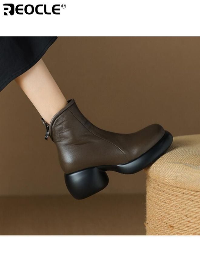 ريوكل أحذية منصات جلدية حقيقية للنساء بتصميم كعب سميك وقدم مدورة، أحذية كاحل بأسلوب عتيق مع إنهاء رياضي لفصل الخريف والشتاء - Image 2