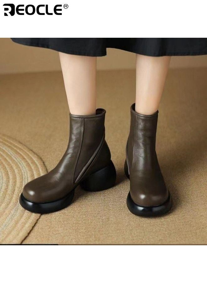 ريوكل أحذية منصات جلدية حقيقية للنساء بتصميم كعب سميك وقدم مدورة، أحذية كاحل بأسلوب عتيق مع إنهاء رياضي لفصل الخريف والشتاء - Image 3