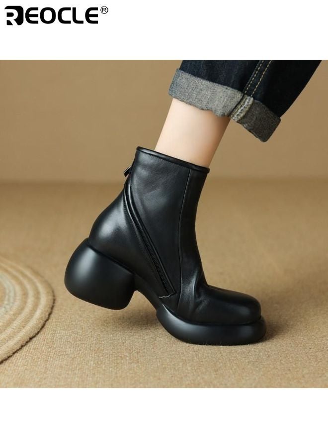 ريوكل أحذية منصات جلدية حقيقية للنساء بتصميم كعب سميك وقدم مدورة، أحذية كاحل بأسلوب عتيق مع إنهاء رياضي لفصل الخريف والشتاء - Image 4