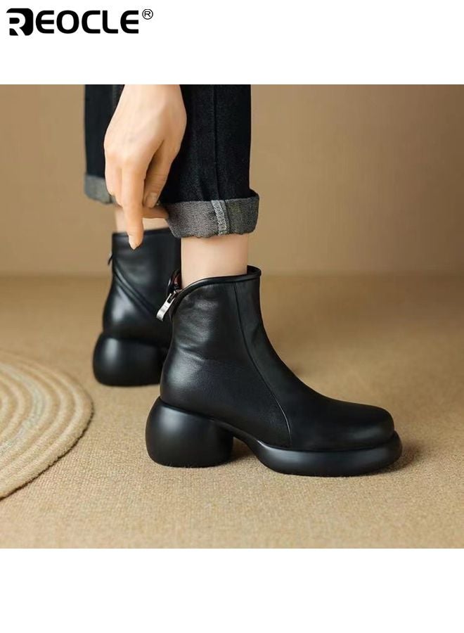 ريوكل أحذية منصات جلدية حقيقية للنساء بتصميم كعب سميك وقدم مدورة، أحذية كاحل بأسلوب عتيق مع إنهاء رياضي لفصل الخريف والشتاء - Image 5