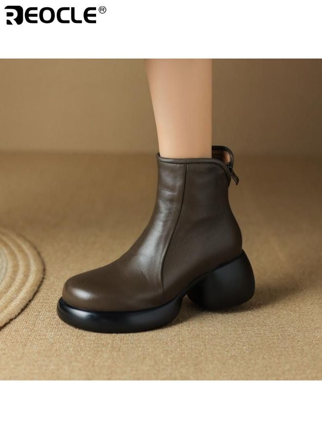 ريوكل أحذية منصات جلدية حقيقية للنساء بتصميم كعب سميك وقدم مدورة، أحذية كاحل بأسلوب عتيق مع إنهاء رياضي لفصل الخريف والشتاء - Image 1