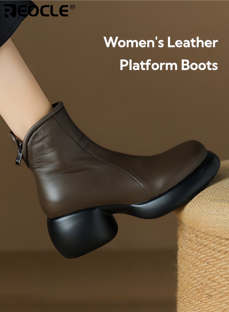 ريوكل أحذية منصات جلدية حقيقية للنساء بتصميم كعب سميك وقدم مدورة، أحذية كاحل بأسلوب عتيق مع إنهاء رياضي لفصل الخريف والشتاء - Image 1