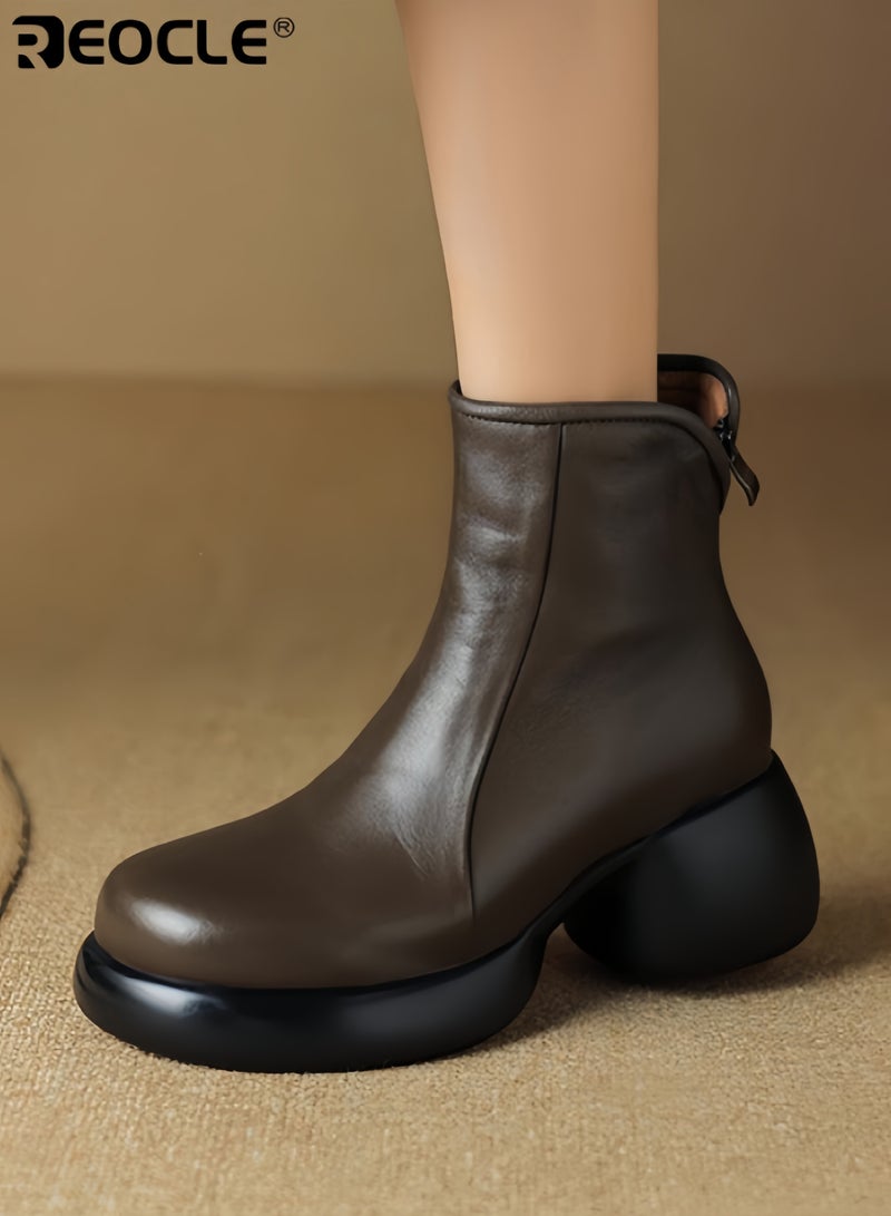 ريوكل أحذية منصات جلدية حقيقية للنساء بتصميم كعب سميك وقدم مدورة، أحذية كاحل بأسلوب عتيق مع إنهاء رياضي لفصل الخريف والشتاء - Image 2