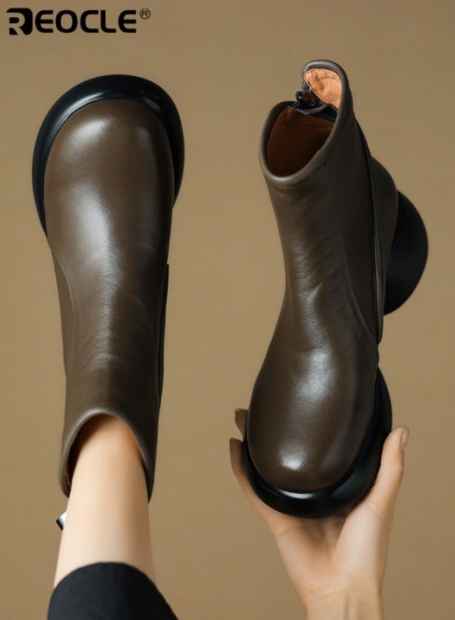ريوكل أحذية منصات جلدية حقيقية للنساء بتصميم كعب سميك وقدم مدورة، أحذية كاحل بأسلوب عتيق مع إنهاء رياضي لفصل الخريف والشتاء - Image 3