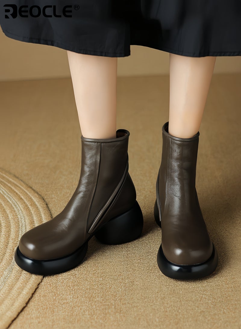 ريوكل أحذية منصات جلدية حقيقية للنساء بتصميم كعب سميك وقدم مدورة، أحذية كاحل بأسلوب عتيق مع إنهاء رياضي لفصل الخريف والشتاء - Image 4