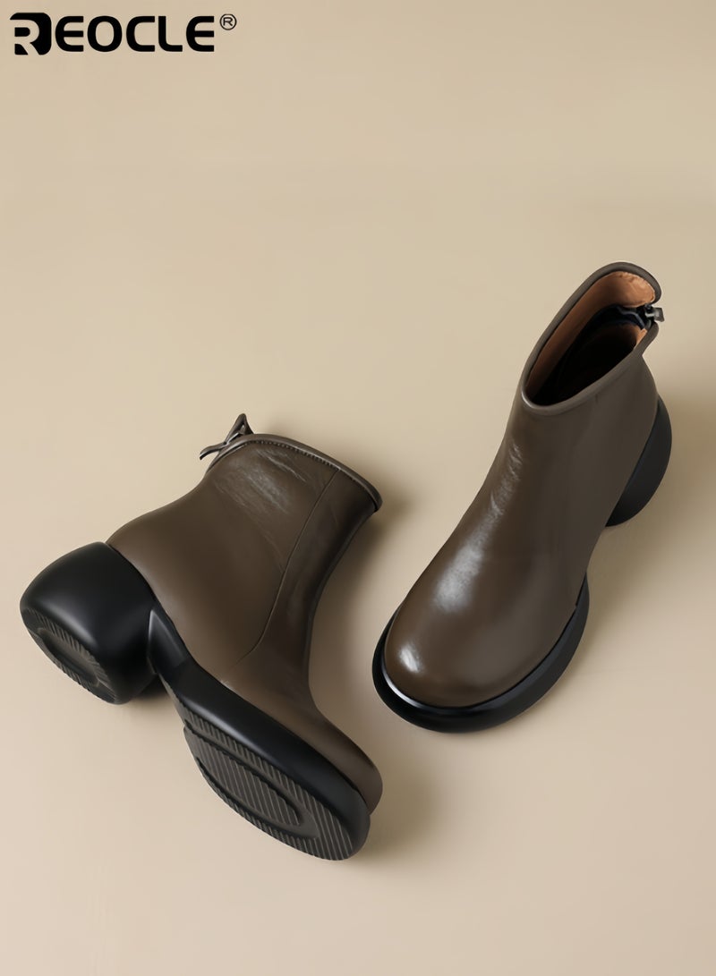 ريوكل أحذية منصات جلدية حقيقية للنساء بتصميم كعب سميك وقدم مدورة، أحذية كاحل بأسلوب عتيق مع إنهاء رياضي لفصل الخريف والشتاء - Image 5