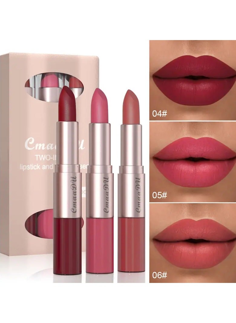 سمادو طويل الأمد 3 ألوان أحمر الشفاه وملمع الشفاه مجموعة-تصميم مزدوج الرأس للطبيعة ، الملمس-هدية عيد الحب المثالية للنساء هدية عيد الحب - Image 1