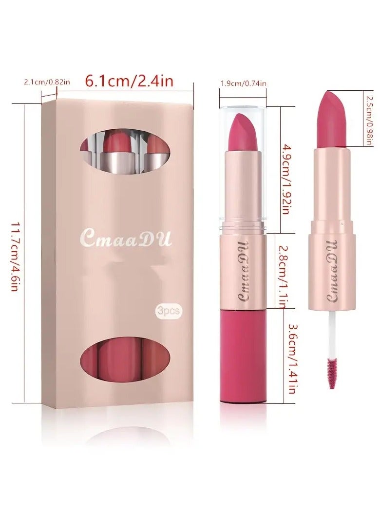 سمادو طويل الأمد 3 ألوان أحمر الشفاه وملمع الشفاه مجموعة-تصميم مزدوج الرأس للطبيعة ، الملمس-هدية عيد الحب المثالية للنساء هدية عيد الحب - Image 5