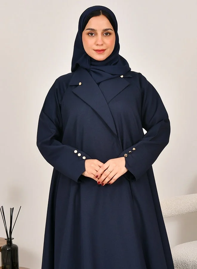 عبايات حوراء عباية بقصة رسمية كلوش بااللون الكحلي مزينة بأزرار ذهبية