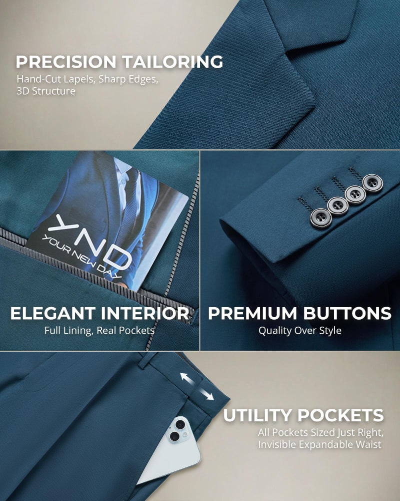 YND Men's 2 Piece Suit with Tie, One Button Slim Fit Solid Jacket and Pants Set, Suits for Men Prom Party Wedding & Business, Light Blue - Image 4