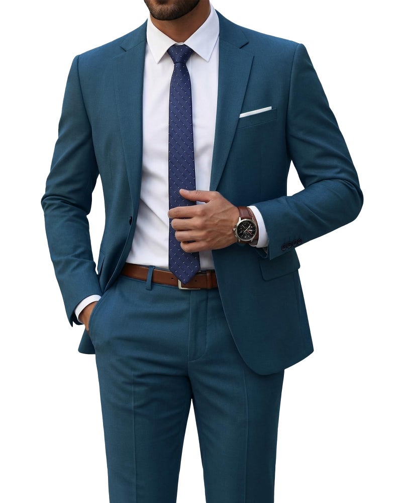 YND Men's 2 Piece Suit with Tie, One Button Slim Fit Solid Jacket and Pants Set, Suits for Men Prom Party Wedding & Business, Light Blue - Image 1