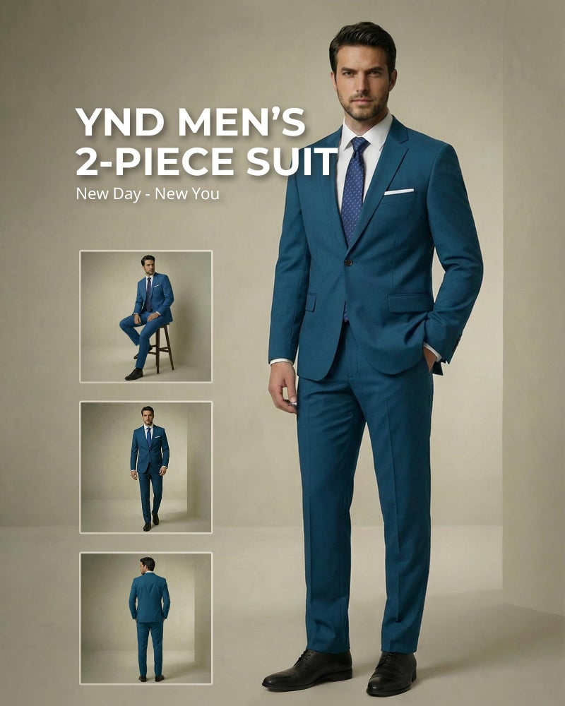 YND Men's 2 Piece Suit with Tie, One Button Slim Fit Solid Jacket and Pants Set, Suits for Men Prom Party Wedding & Business, Light Blue - Image 2