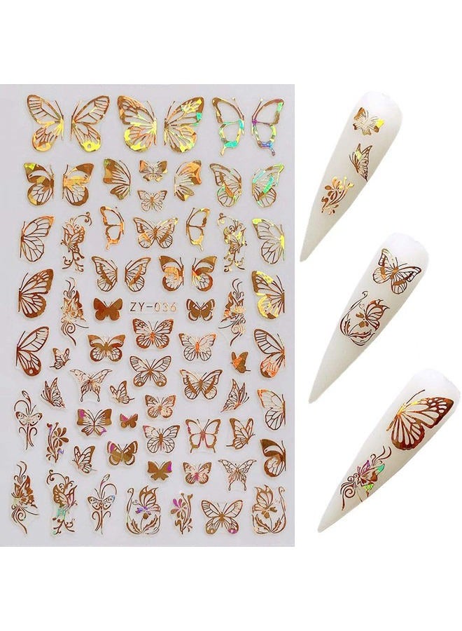 KRTBKR Butterfly Nail Art Stickers Decals Laser Butterfly Stickers Nail Designs 3D Gold Butterflies Nail Art Adhesive Sticker Sheets Nail Foil Luxury Butterfly Nail Stickers for Nail Art Decoration (8 Pcs) - Image 3