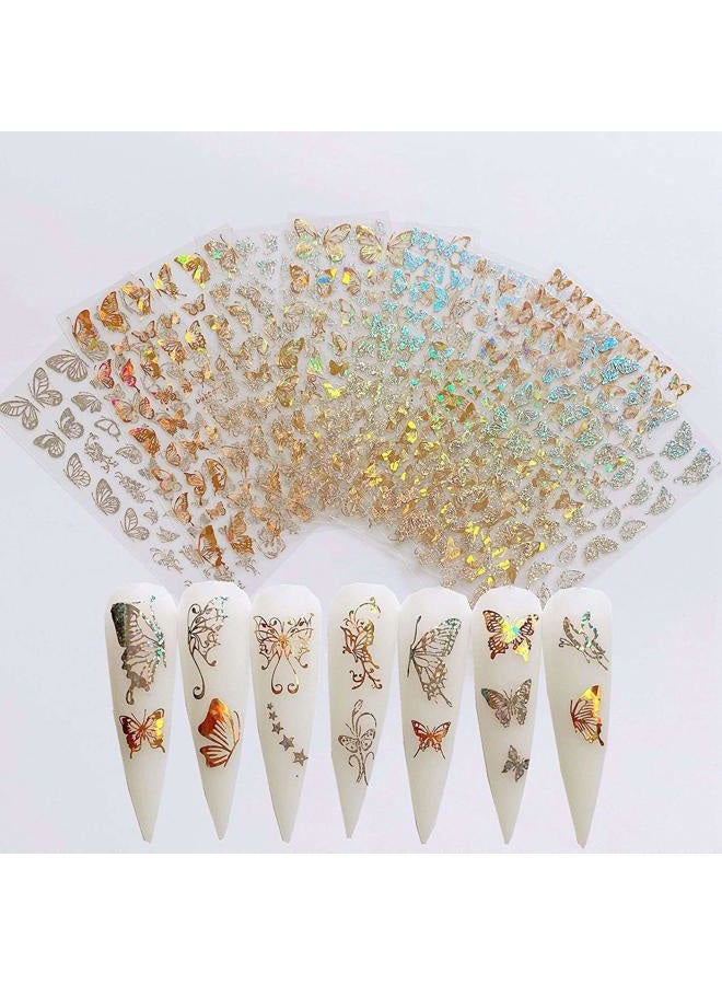 KRTBKR Butterfly Nail Art Stickers Decals Laser Butterfly Stickers Nail Designs 3D Gold Butterflies Nail Art Adhesive Sticker Sheets Nail Foil Luxury Butterfly Nail Stickers for Nail Art Decoration (8 Pcs) - Image 1