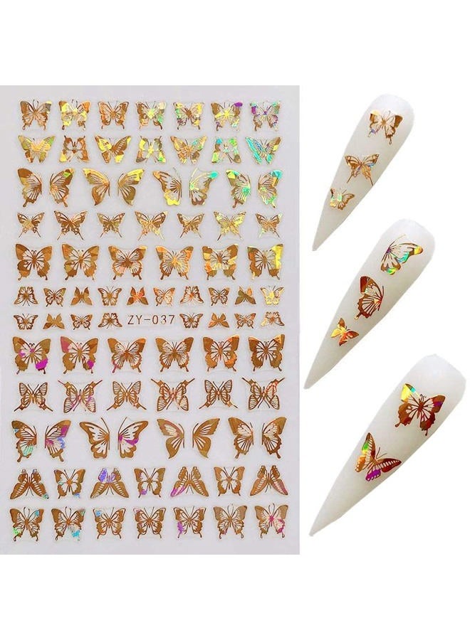 KRTBKR Butterfly Nail Art Stickers Decals Laser Butterfly Stickers Nail Designs 3D Gold Butterflies Nail Art Adhesive Sticker Sheets Nail Foil Luxury Butterfly Nail Stickers for Nail Art Decoration (8 Pcs) - Image 5