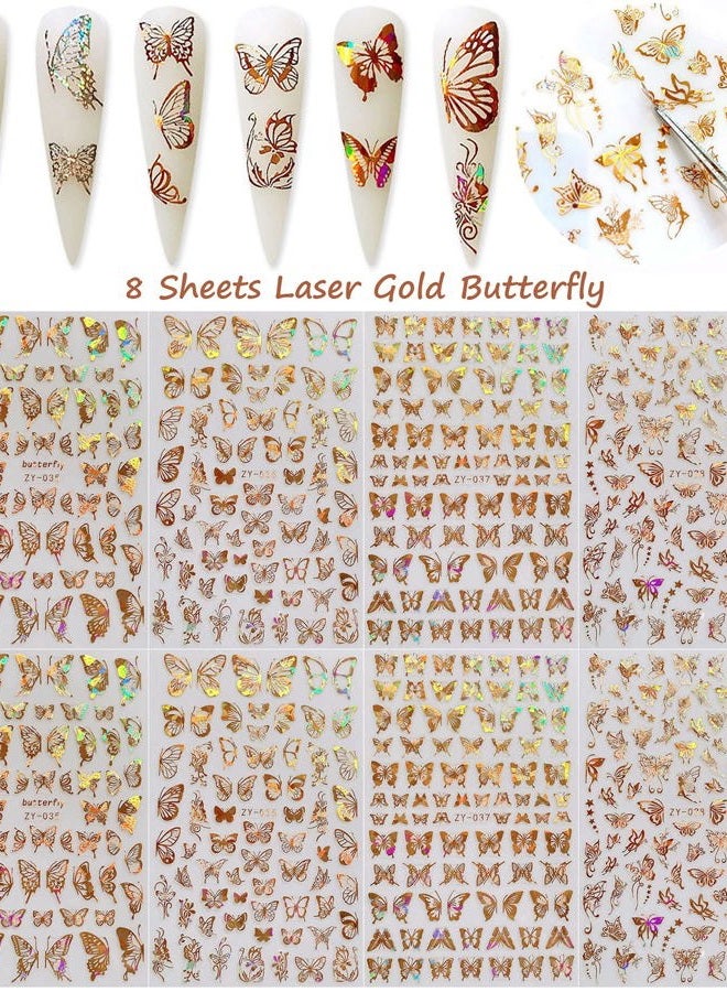 KRTBKR Butterfly Nail Art Stickers Decals Laser Butterfly Stickers Nail Designs 3D Gold Butterflies Nail Art Adhesive Sticker Sheets Nail Foil Luxury Butterfly Nail Stickers for Nail Art Decoration (8 Pcs) - Image 2