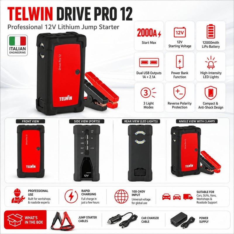 Telwin Drive PRO 12 Professional 12V Lithium Jump Starter 2000A Booster Powerbank With USB Output And LED Light - Image 1