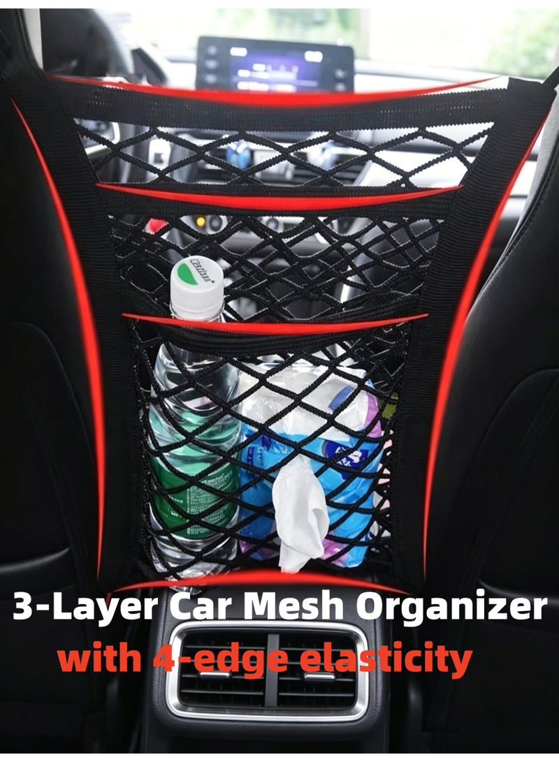3-Layer Car Mesh Organizer With 4 hooks, Net Car,Car Seat Isolation Pocket Net Universal Automotive Seat Back Tidy Organizer Net Bag, Barrier of Backseat Pet Kids, Cargo Tissue Purse Nylon Holder Hooks Black, Driver Storage Netting Pouch - Image 1