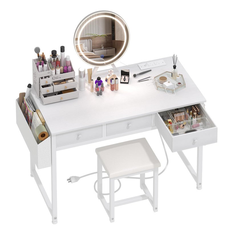 Lufeiya White Makeup Vanity Desk with Mirror and Lights 40 inch Make Up Vanity Desks with Fabric Drawers  Power Outlet Dressing Table and Chair Set for Girls Bedroom White