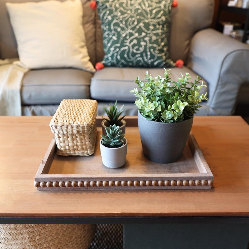 Hrastany Wood Decorative Tray, Distressed Outdoor Serving Tray with Wooden Bead for Ottoman, Coffee Table, Entertaining, Home Decor, Rectangular 15.7â€*11.8â€*1.57â€ (Retro Brown) - Image 2