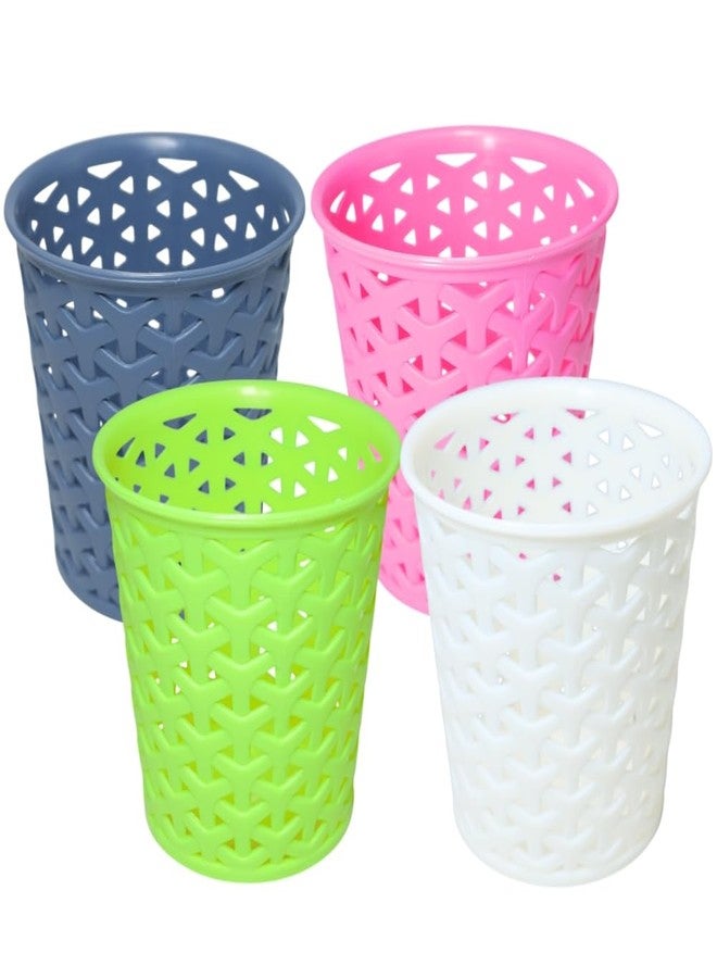 MORVI Linea Small Round Plastic Multipurpose Organizer For Kitchen, Bathroom, Salon, Office|Stationery,Cutlery,Pen,Makeup Brushes Holder|Hanging Toothbrush Stand |Pack Of 4 | GREY GREEN PINK WHITE - Image 1